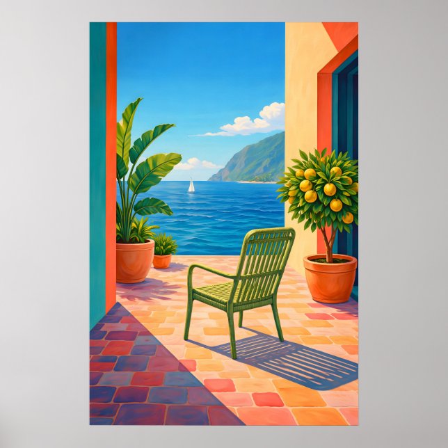 Mediterranean Terrace Sea View Affisch, Amalfi Poster (Framsidan)