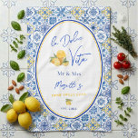 Mediterranean Tile Custom Newlywed Kökshandduk<br><div class="desc">A kitchen towel for newlywed home featuring Mediterranean tile patterns, elegant script calligraphy, and a playful watercolor gelato ice cream design. Inspired by Italian coastal home decor and the sunny charm of the Amalfi Coast, this modern stylish kitchen towel captures the spirit of la dolce vita with bright blue and...</div>