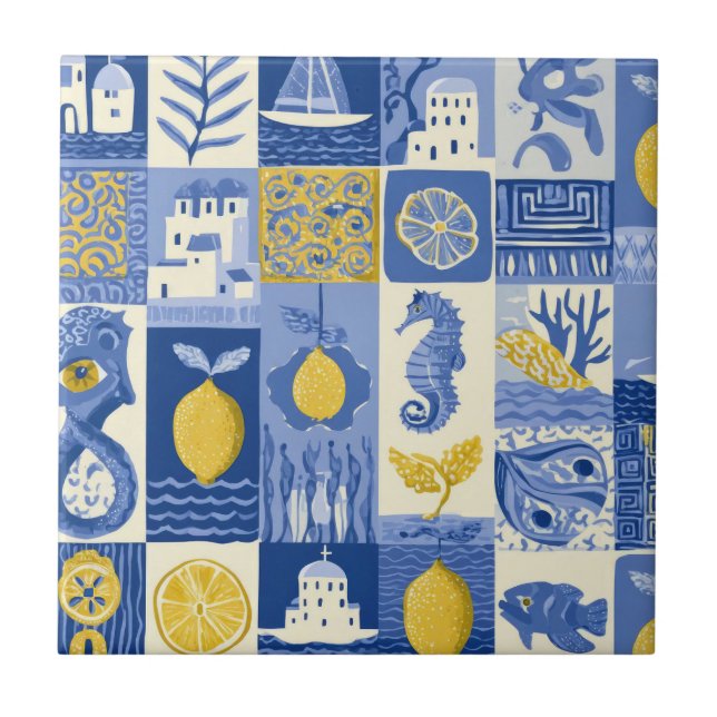 Mediterranean Tile Lemon Coastal Pattern Kakelplatta (Framsidan)