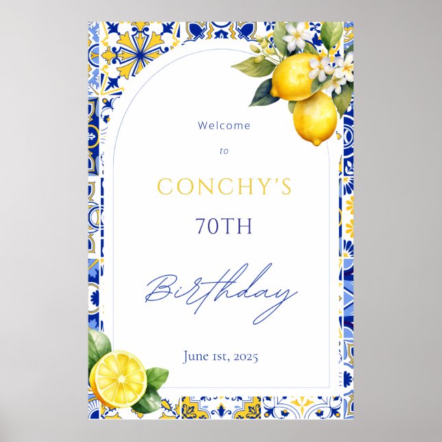 Mediterranean Tiles Lemon Birthday Welcome Sign Poster (Framsidan)
