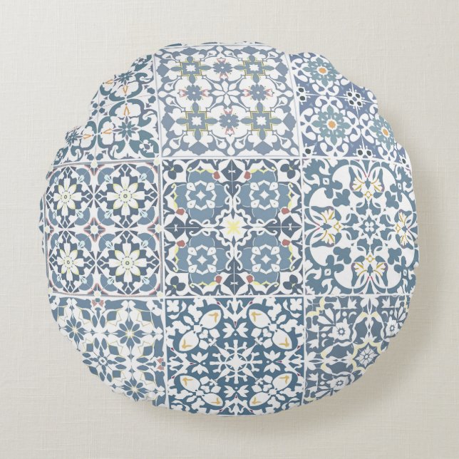 Mediterranean Tiles, Moroccan, Majolica, Azulejo Rund Kudde (Framsidan)