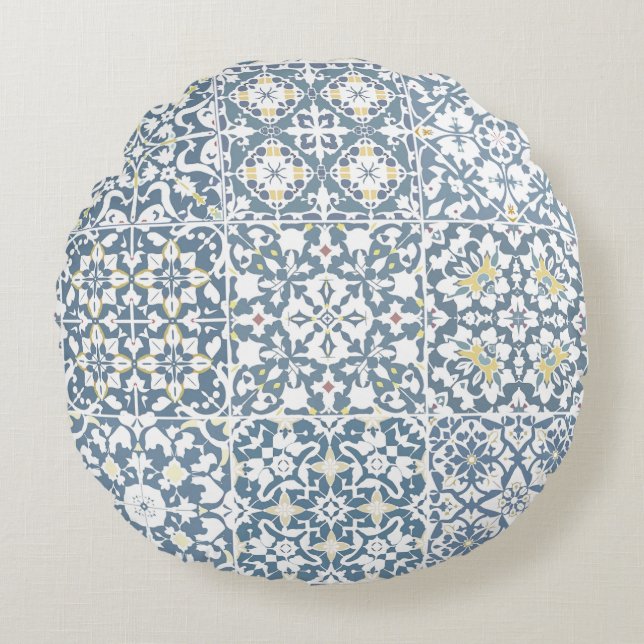 Mediterranean Tiles, Moroccan, Majolica, Azulejo Rund Kudde (Framsidan)