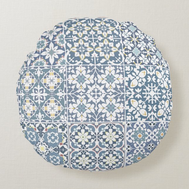 Mediterranean Tiles, Moroccan, Majolica, Azulejo Rund Kudde (Framsidan)