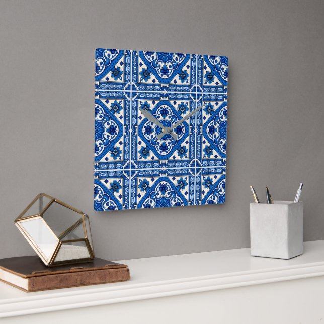Mediterranean Tiles, Portugal, Azulejo, Majolica Fyrkantig Klocka (Kontor)