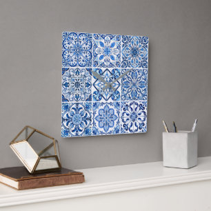 Mediterranean Tiles, Portugal, Azulejo, Majolica Fyrkantig Klocka