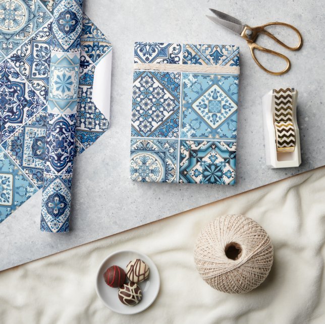 Mediterranean Tiles, Portugal, Azulejo, Majolica Presentpapper (Hantverk)