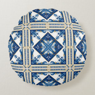 Mediterranean Tiles, Portugal, Azulejo, Majolica Rund Kudde