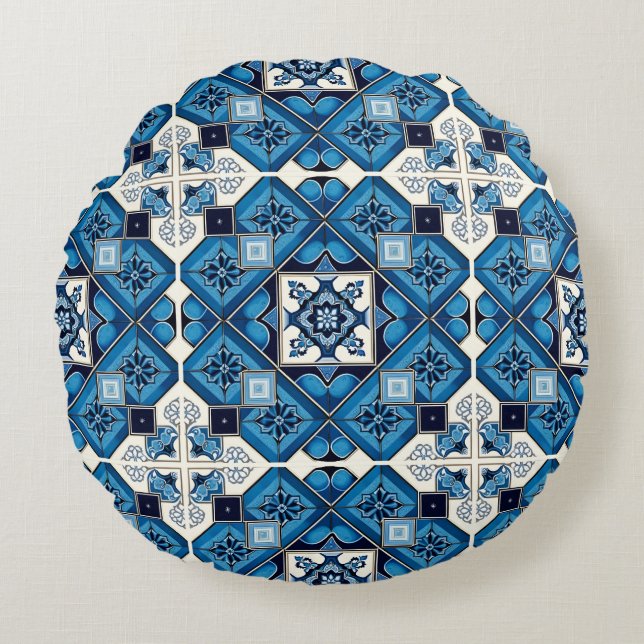 Mediterranean Tiles, Portugal, Azulejo, Majolica Rund Kudde (Framsidan)