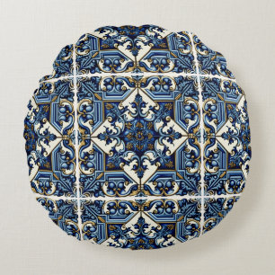Mediterranean Tiles, Portugal, Azulejo, Majolica Rund Kudde