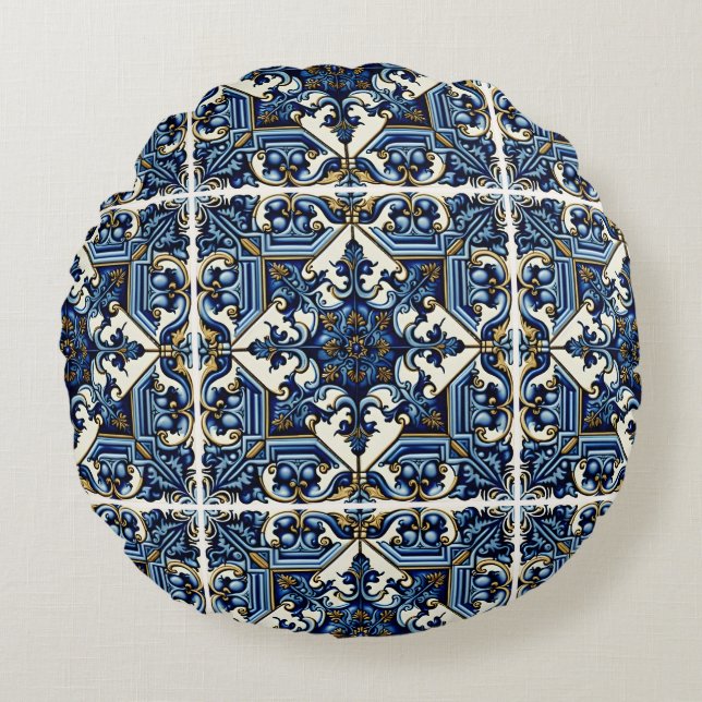 Mediterranean Tiles, Portugal, Azulejo, Majolica Rund Kudde (Framsidan)