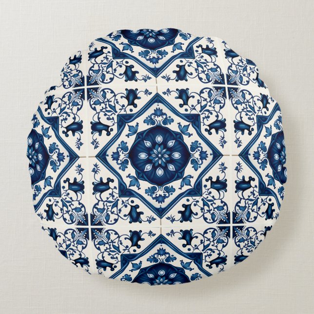 Mediterranean Tiles, Portugal, Azulejo, Majolica Rund Kudde (Framsidan)