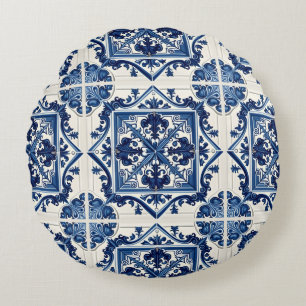 Mediterranean Tiles, Portugal, Azulejo, Majolica Rund Kudde