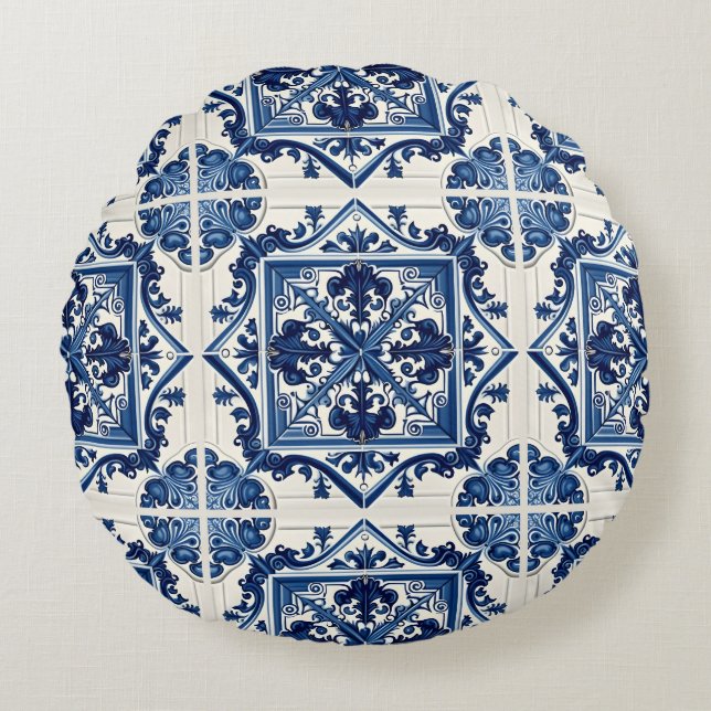 Mediterranean Tiles, Portugal, Azulejo, Majolica Rund Kudde (Framsidan)