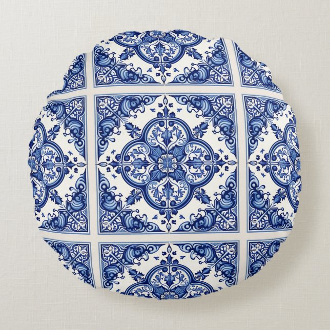 Mediterranean Tiles, Portugal, Azulejo, Majolica Rund Kudde (Framsidan)