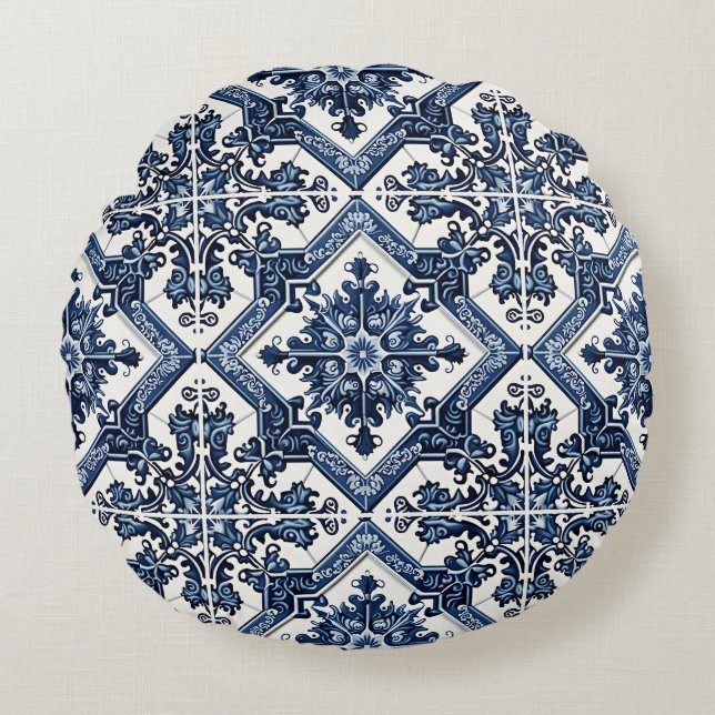 Mediterranean Tiles, Portugal, Azulejo, Majolica Rund Kudde (Framsidan)