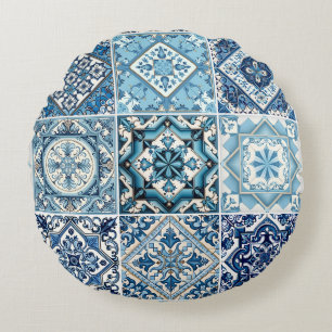 Mediterranean Tiles, Portugal, Azulejo, Majolica Rund Kudde