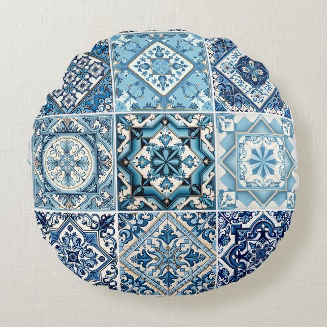 Mediterranean Tiles, Portugal, Azulejo, Majolica Rund Kudde (Framsidan)