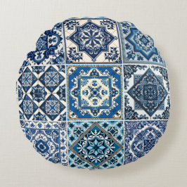 Mediterranean Tiles, Portugal, Azulejo, Majolica Rund Kudde