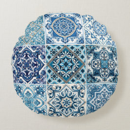 Mediterranean Tiles, Portugal, Azulejo, Majolica Rund Kudde