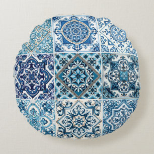 Mediterranean Tiles, Portugal, Azulejo, Majolica Rund Kudde