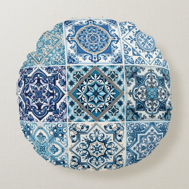 Mediterranean Tiles, Portugal, Azulejo, Majolica Rund Kudde (Framsidan)