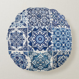 Mediterranean Tiles, Portugal, Azulejo, Majolica Rund Kudde