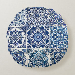 Mediterranean Tiles, Portugal, Azulejo, Majolica Rund Kudde