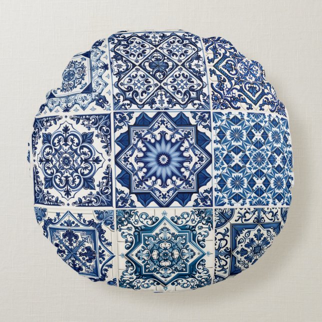 Mediterranean Tiles, Portugal, Azulejo, Majolica Rund Kudde (Framsidan)