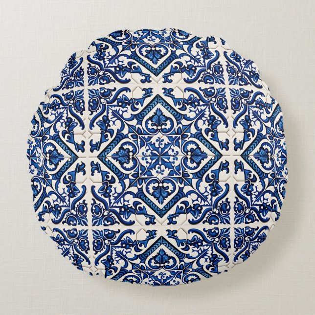Mediterranean Tiles, Portugal, Azulejo, Majolica Rund Kudde (Framsidan)