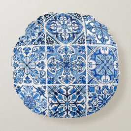 Mediterranean Tiles, Portugal, Azulejo, Majolica Rund Kudde