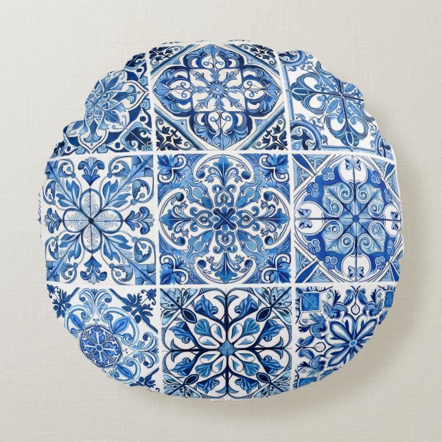 Mediterranean Tiles, Portugal, Azulejo, Majolica Rund Kudde (Framsidan)