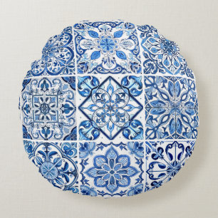 Mediterranean Tiles, Portugal, Azulejo, Majolica Rund Kudde