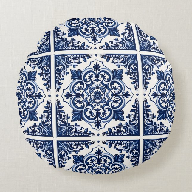 Mediterranean Tiles, Portugal, Azulejo, Majolica Rund Kudde (Framsidan)