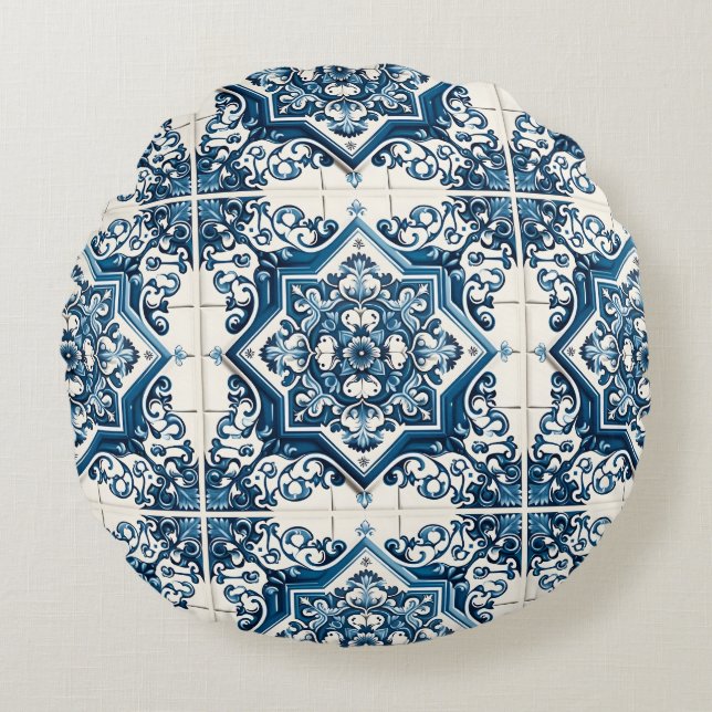 Mediterranean Tiles, Portugal, Azulejo, Majolica Rund Kudde (Framsidan)