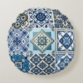 Mediterranean Tiles, Portugal, Azulejo, Majolica Rund Kudde