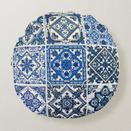 Mediterranean Tiles, Portugal, Azulejo, Majolica Rund Kudde