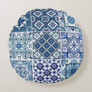 Mediterranean Tiles, Portugal, Azulejo, Majolica Rund Kudde