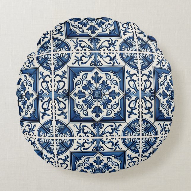 Mediterranean Tiles, Portugal, Azulejo, Majolica Rund Kudde (Framsidan)