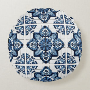 Mediterranean Tiles, Portugal, Azulejo, Majolica Rund Kudde