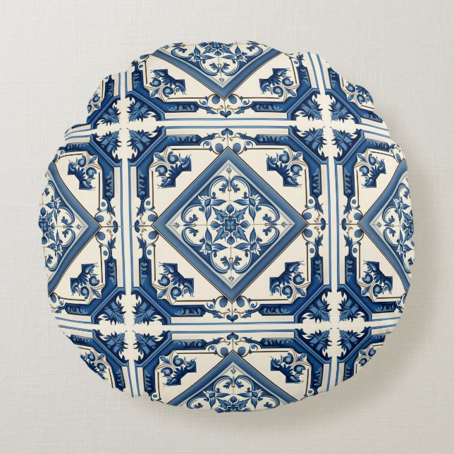 Mediterranean Tiles, Portugal, Azulejo, Majolica Rund Kudde (Framsidan)