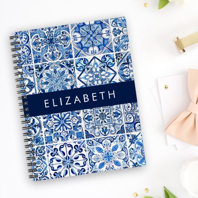 Mediterranean Tiles, Portugese, Azulejo, ditt namn Anteckningsbok (Skapare uppladdad)