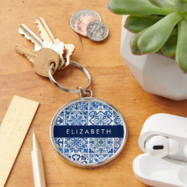 Mediterranean Tiles, Portugese, Azulejo, ditt namn Rund Silverfärgad Nyckelring