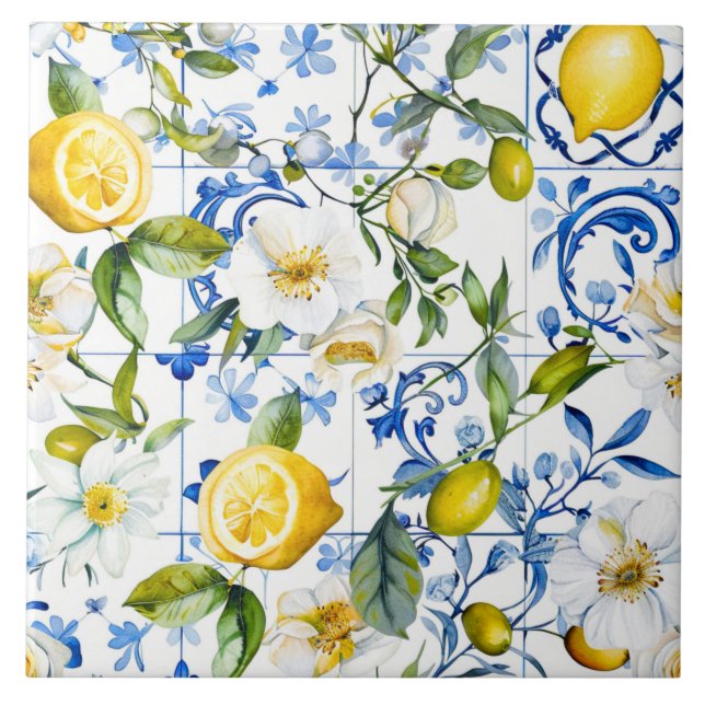 Mediterranean Watercolor Blue Pattern and Citrus Kakelplatta (Framsidan)