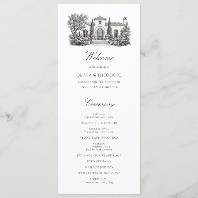 Mediterraneo villa illustration Elegant bröllop Program (Framsida)