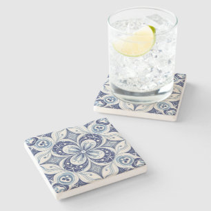 Mediterransk Inspiration Blå Blom Geometrisk Stenunderlägg