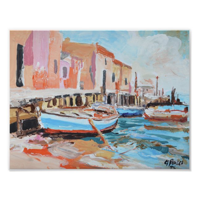 Mediterransk kustby hamn Impressionist Fototryck (Framsidan)