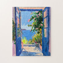 Mediterranska havsutsikt med Bougainvillea