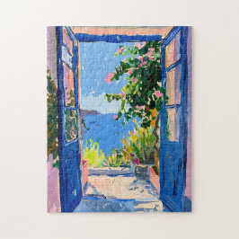Mediterranska havsutsikt med Bougainvillea Pussel