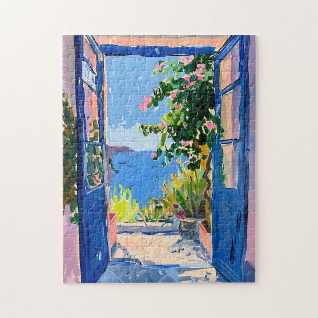Mediterranska havsutsikt med Bougainvillea Pussel (Vertikal)