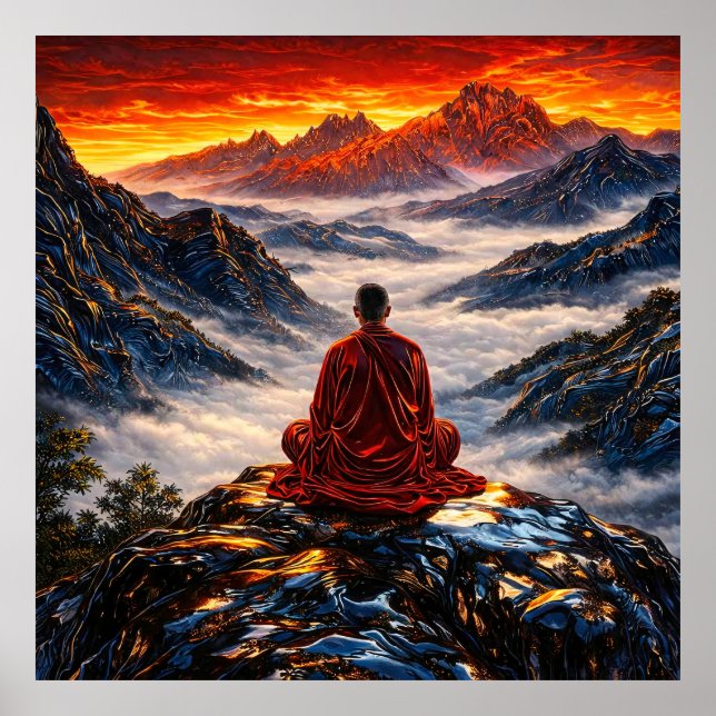 Meditierender Mönch im Berg Sonnenuntergang  Poster (Framsidan)